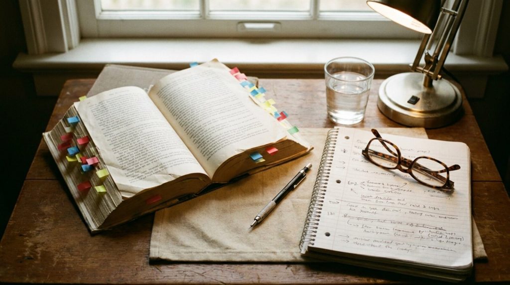 An audiobook narrator prep desk: an open novel bristling with coloured sticky tabs, a notebook of character notes, reading glasses, a pencil and a glass of water under a desk lamp