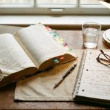 An audiobook narrator prep desk: an open novel bristling with coloured sticky tabs, a notebook of character notes, reading glasses, a pencil and a glass of water under a desk lamp