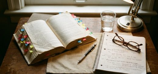 An audiobook narrator prep desk: an open novel bristling with coloured sticky tabs, a notebook of character notes, reading glasses, a pencil and a glass of water under a desk lamp