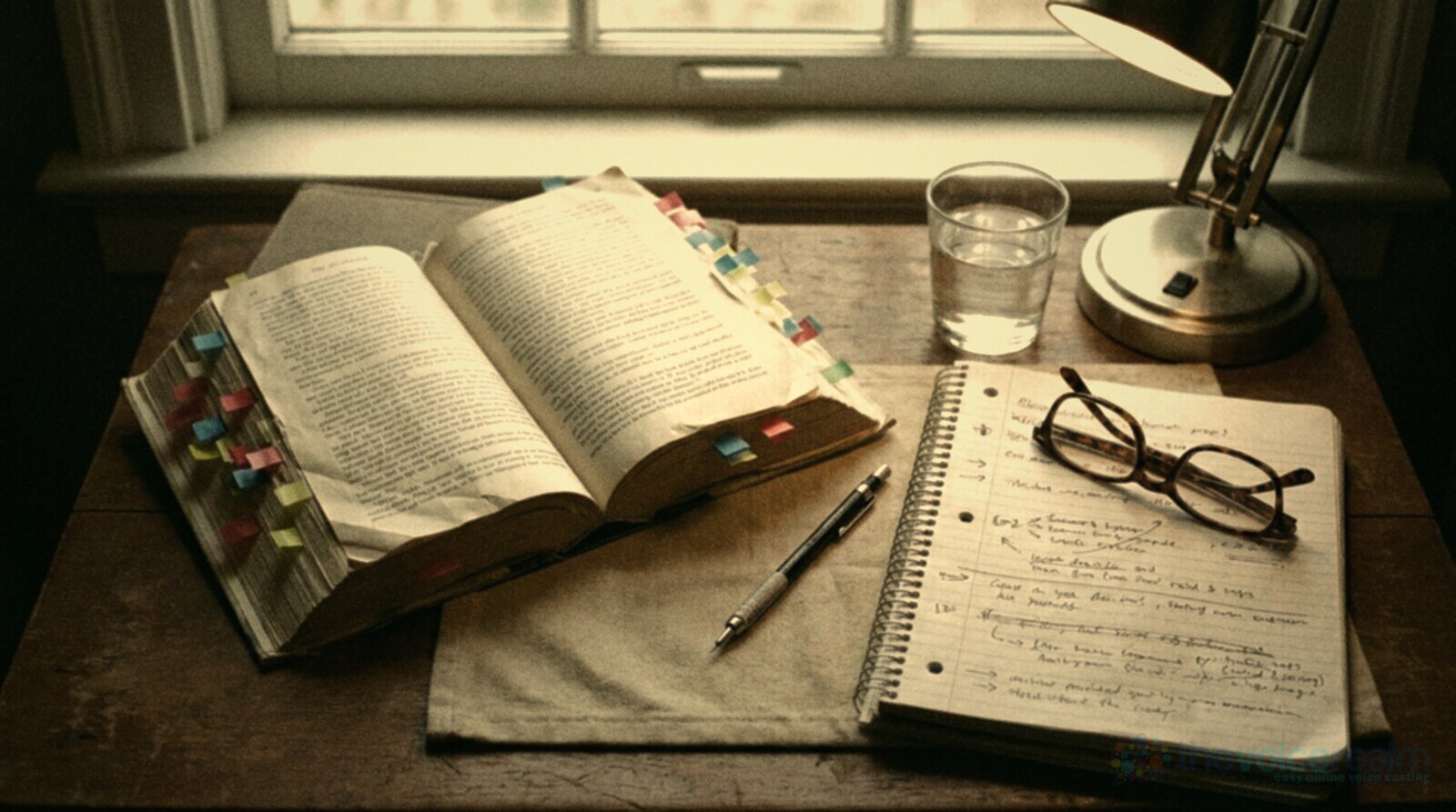 An audiobook narrator prep desk: an open novel bristling with coloured sticky tabs, a notebook of character notes, reading glasses, a pencil and a glass of water under a desk lamp © The Voice Realm