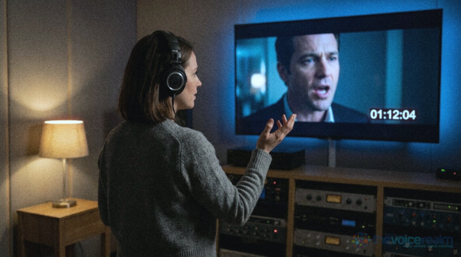 A woman in headphones in a dim dubbing studio, one hand raised mid-gesture, watching a large screen that shows a paused close-up of a man speaking, a timecode in the corner © The Voice Realm