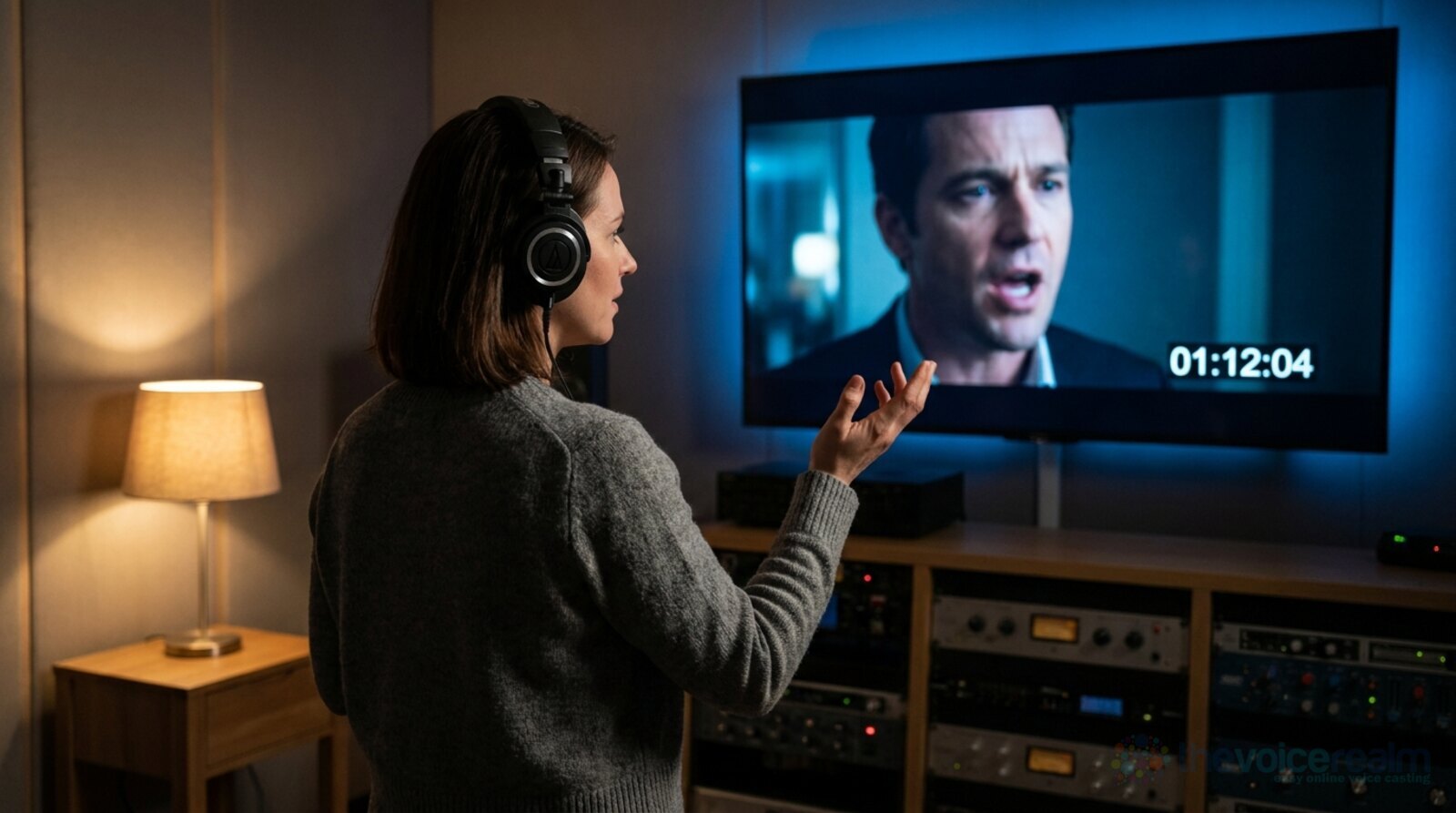 A woman in headphones in a dim dubbing studio, one hand raised mid-gesture, watching a large screen that shows a paused close-up of a man speaking, a timecode in the corner © The Voice Realm
