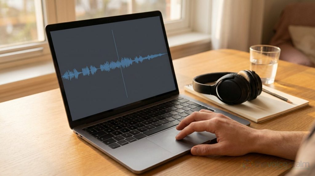 A laptop on a sunlit wooden desk showing an audio waveform, a hand resting on the trackpad, closed headphones and a glass of water beside it © The Voice Realm