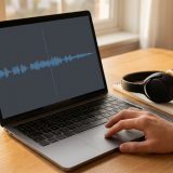 A laptop on a sunlit wooden desk showing an audio waveform, a hand resting on the trackpad, closed headphones and a glass of water beside it © The Voice Realm