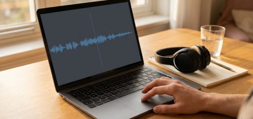 A laptop on a sunlit wooden desk showing an audio waveform, a hand resting on the trackpad, closed headphones and a glass of water beside it © The Voice Realm