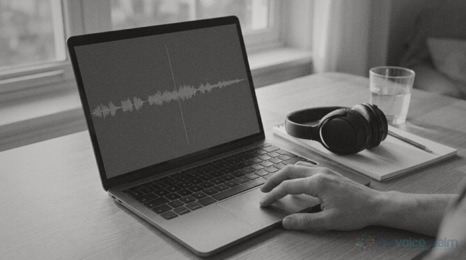 A laptop on a sunlit wooden desk showing an audio waveform, a hand resting on the trackpad, closed headphones and a glass of water beside it © The Voice Realm