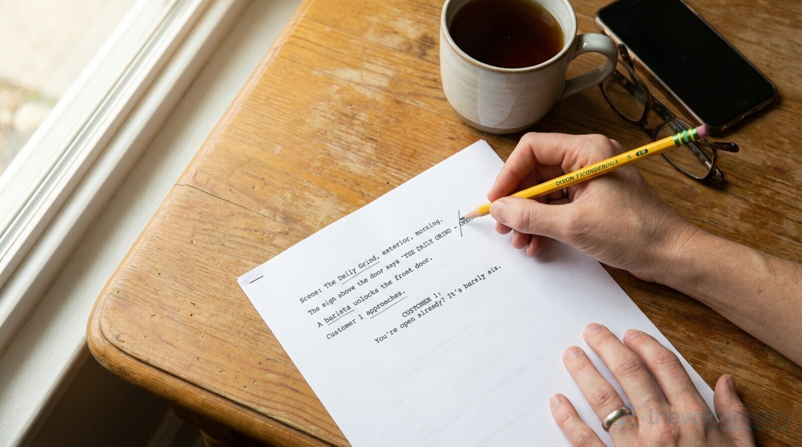 Overhead view of a printed script on a wooden kitchen table, a hand drawing a pencil slash between two words, a mug of tea, folded reading glasses and a phone beside it © The Voice Realm
