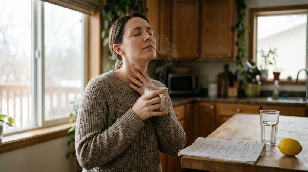 A voice actor at her kitchen window in the morning, eyes closed, humming gently with a hand on her throat and a mug of tea, a marked-up script on the counter