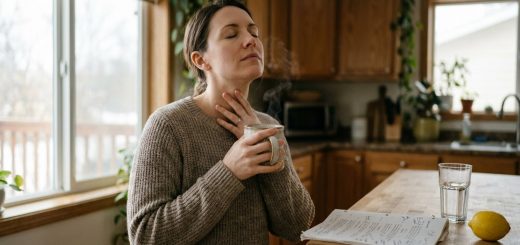 A voice actor at her kitchen window in the morning, eyes closed, humming gently with a hand on her throat and a mug of tea, a marked-up script on the counter