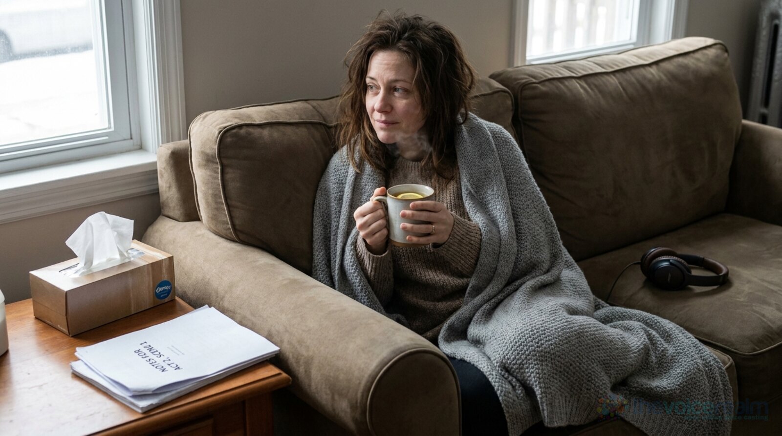 A tired woman wrapped in a grey blanket on a sofa, holding a mug of hot water with lemon, a box of tissues and a printed script on the side table and closed-back headphones resting on the sofa beside her © The Voice Realm