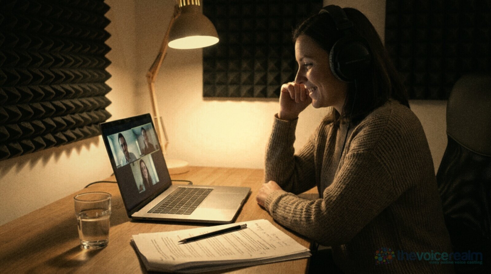 A smiling woman in over-ear headphones at a home desk, watching a video call with three people on her laptop, a printed script with pencil notes and a glass of water in front of her, acoustic foam on the wall behind © The Voice Realm