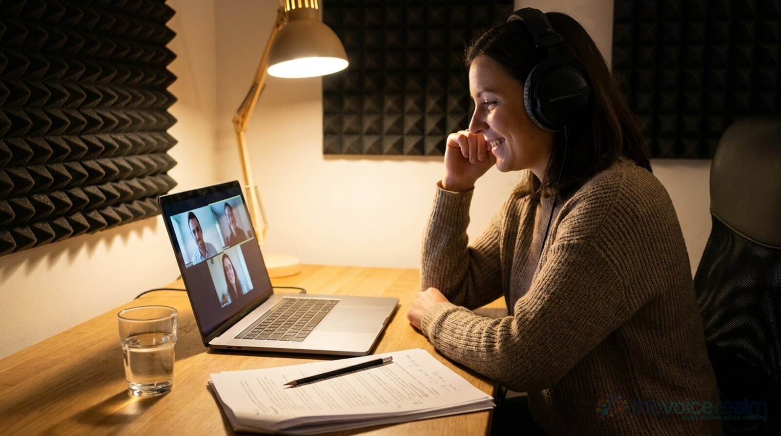 A smiling woman in over-ear headphones at a home desk, watching a video call with three people on her laptop, a printed script with pencil notes and a glass of water in front of her, acoustic foam on the wall behind © The Voice Realm