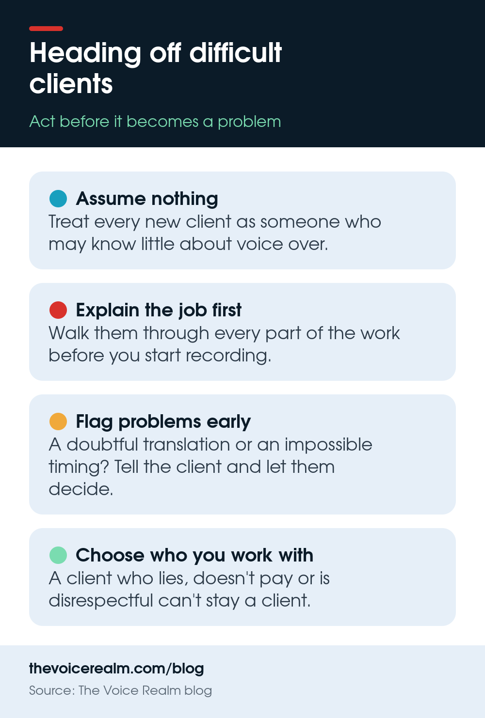 Infographic: four ways to head off difficult clients, from assuming nothing to choosing who you work with © The Voice Realm