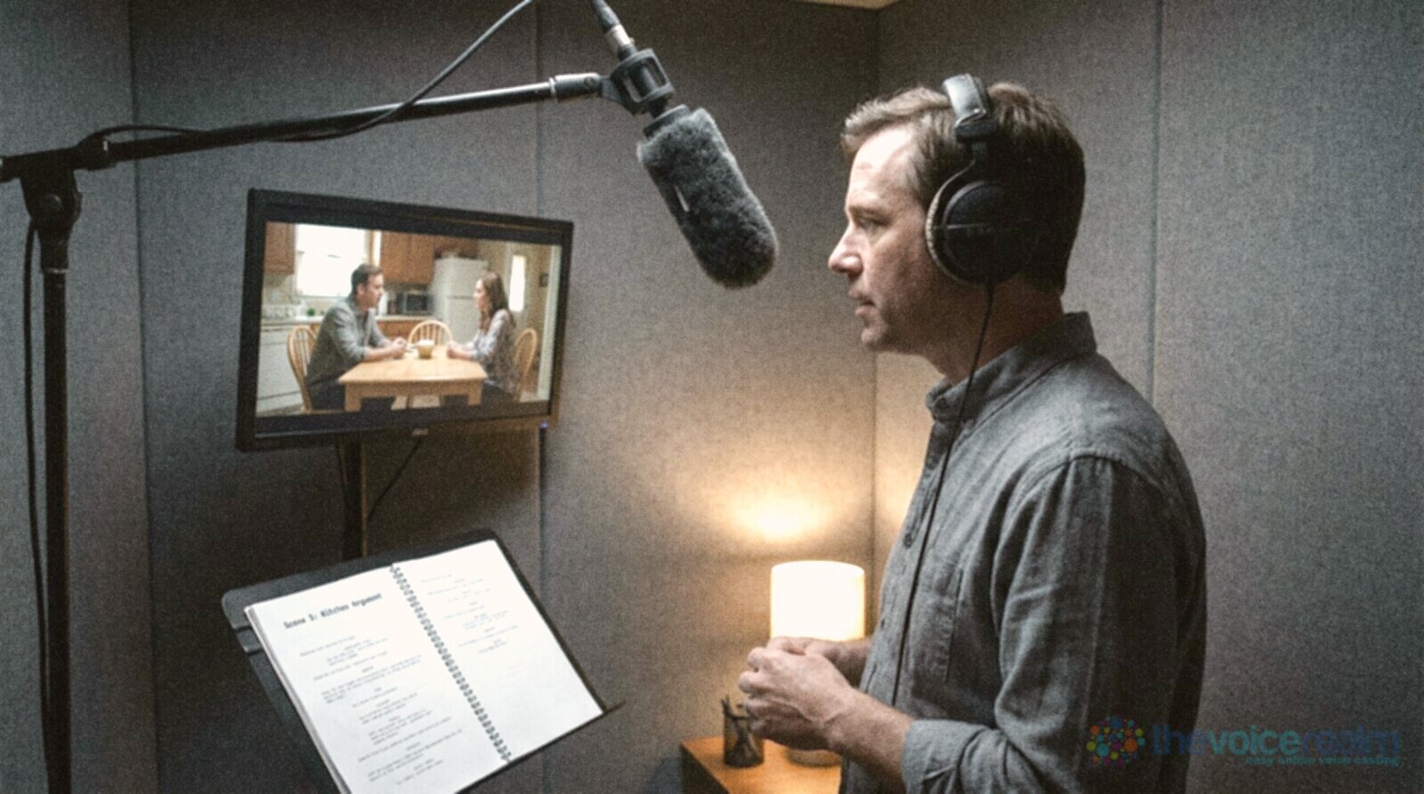 A man in headphones in a small booth, a shotgun microphone angled down from a boom above him, watching a paused kitchen-table scene on a monitor with the script on a stand © The Voice Realm