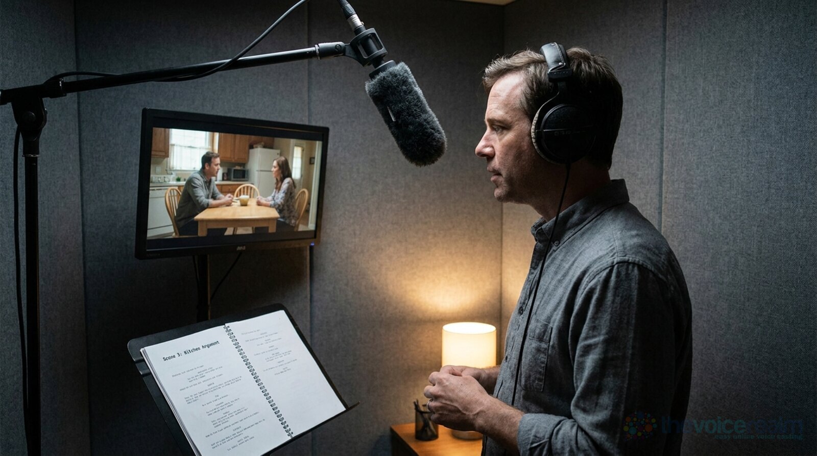 A man in headphones in a small booth, a shotgun microphone angled down from a boom above him, watching a paused kitchen-table scene on a monitor with the script on a stand © The Voice Realm