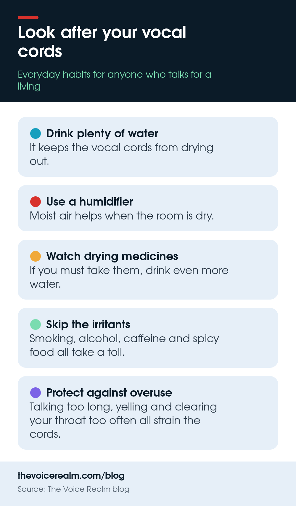 Infographic: five everyday ways to look after your vocal cords © The Voice Realm