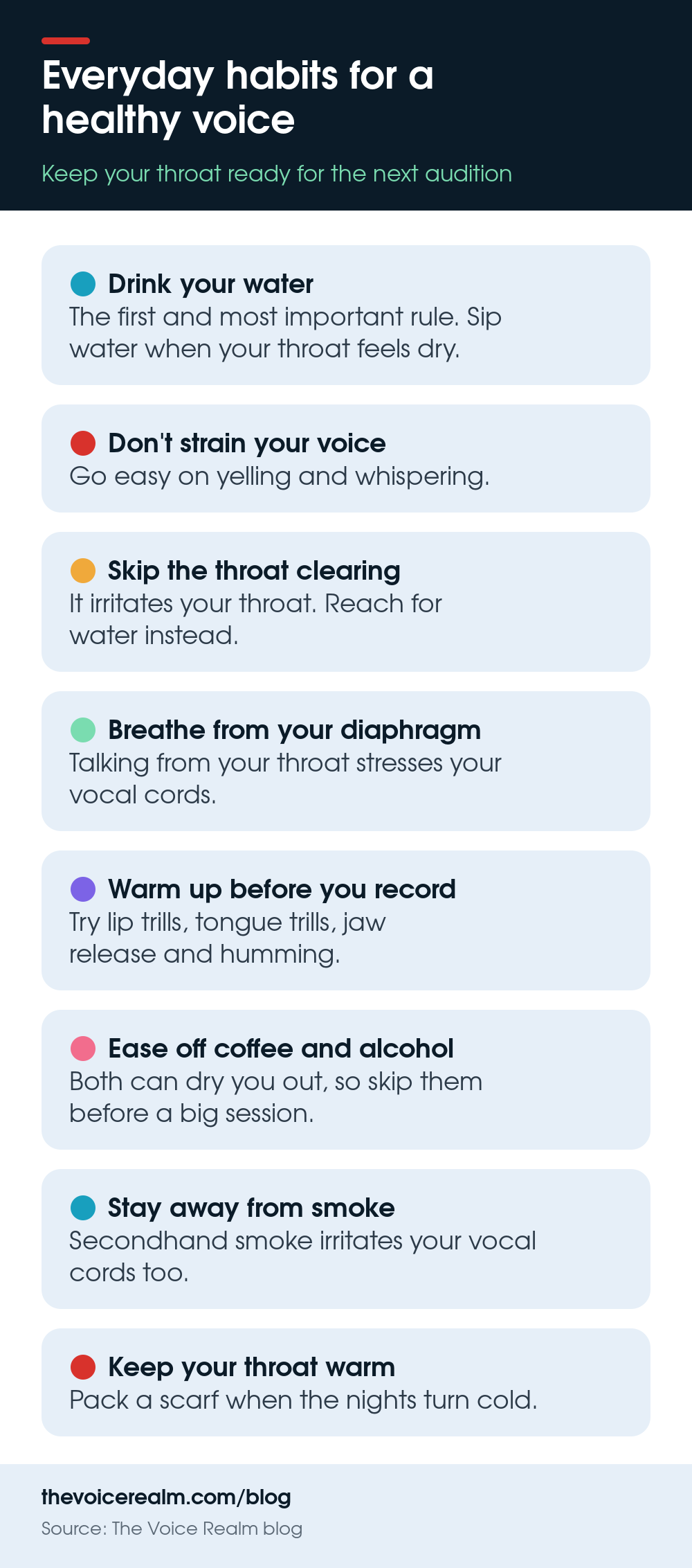 Infographic: everyday habits that keep a voice actor's throat healthy, from drinking water to warming up before recording © The Voice Realm