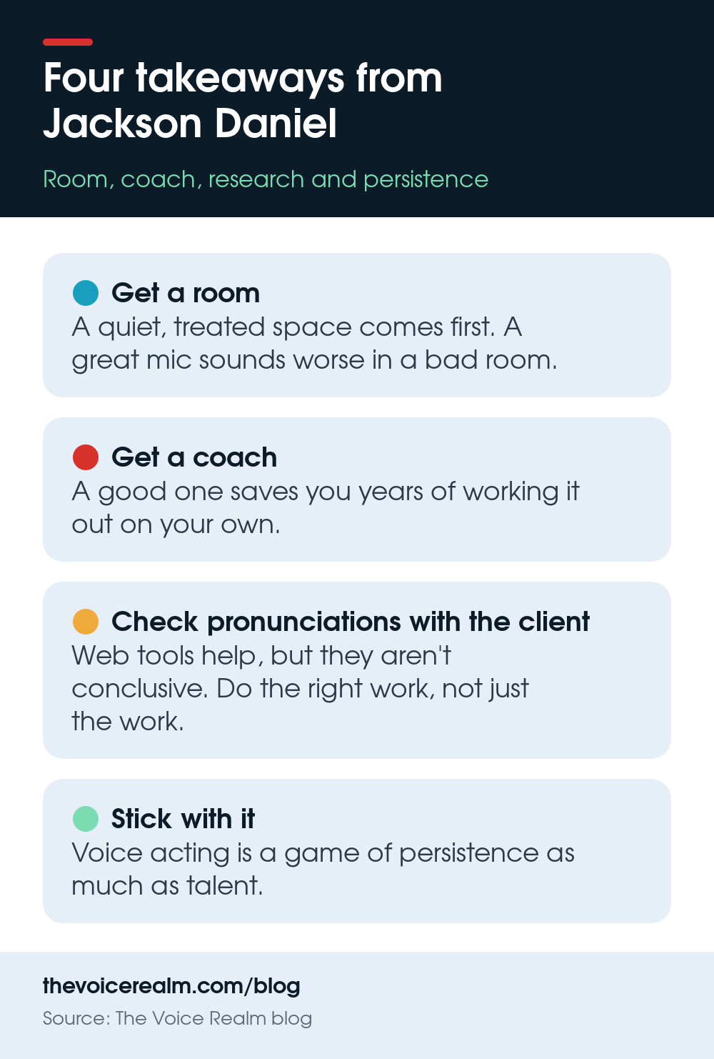 Infographic: four tips from the interview on the room, coaching, pronunciation research and persistence © The Voice Realm