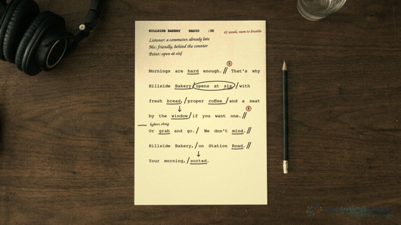 Overhead photo of a walnut desk with the fully marked Hillside Bakery radio script on a white sheet, a pencil beside it, headphones and a glass of water © The Voice Realm
