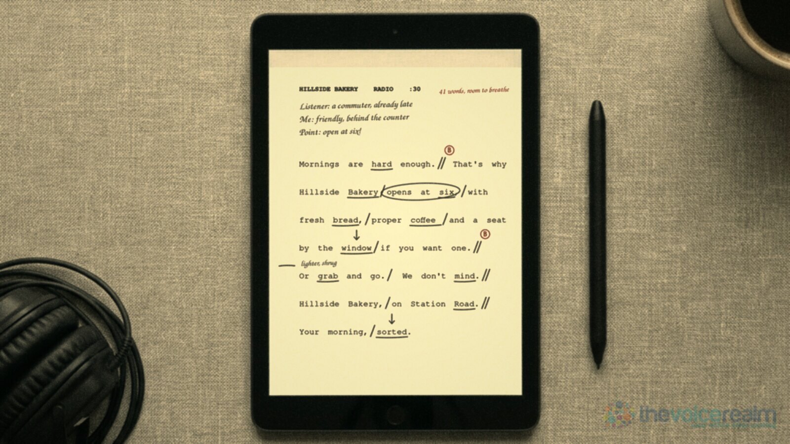 Overhead photo of a tablet on a grey desk showing the marked Hillside Bakery radio script, a stylus beside it, headphones and a cup of coffee © The Voice Realm