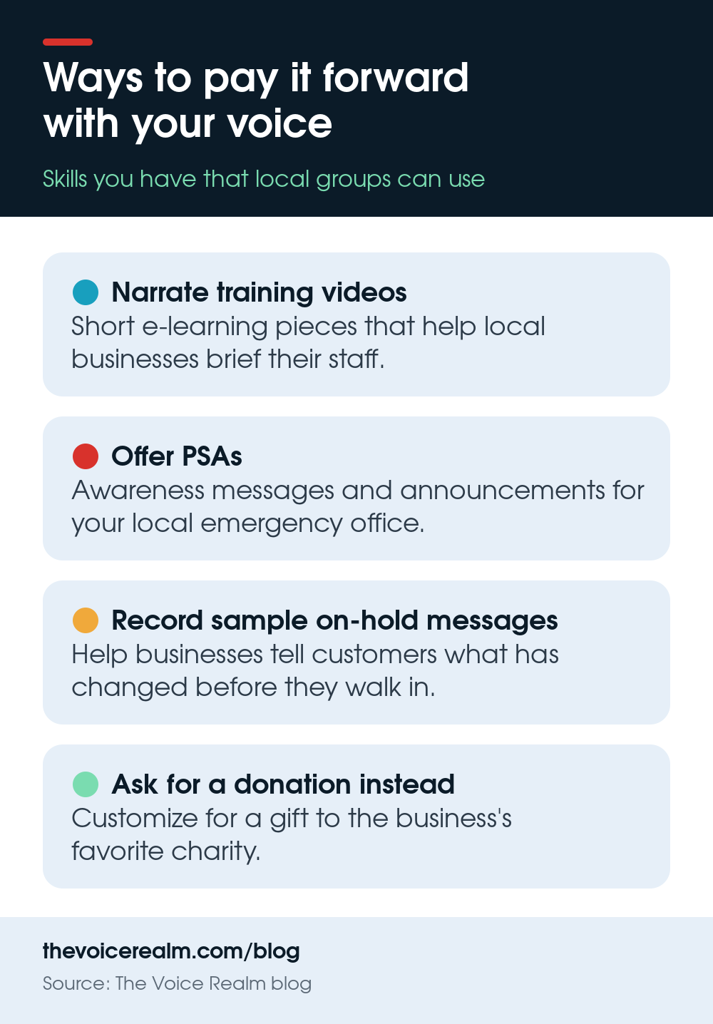 Infographic: four ways a voice artist can pay it forward, from narrated training videos to sample on-hold messages © The Voice Realm