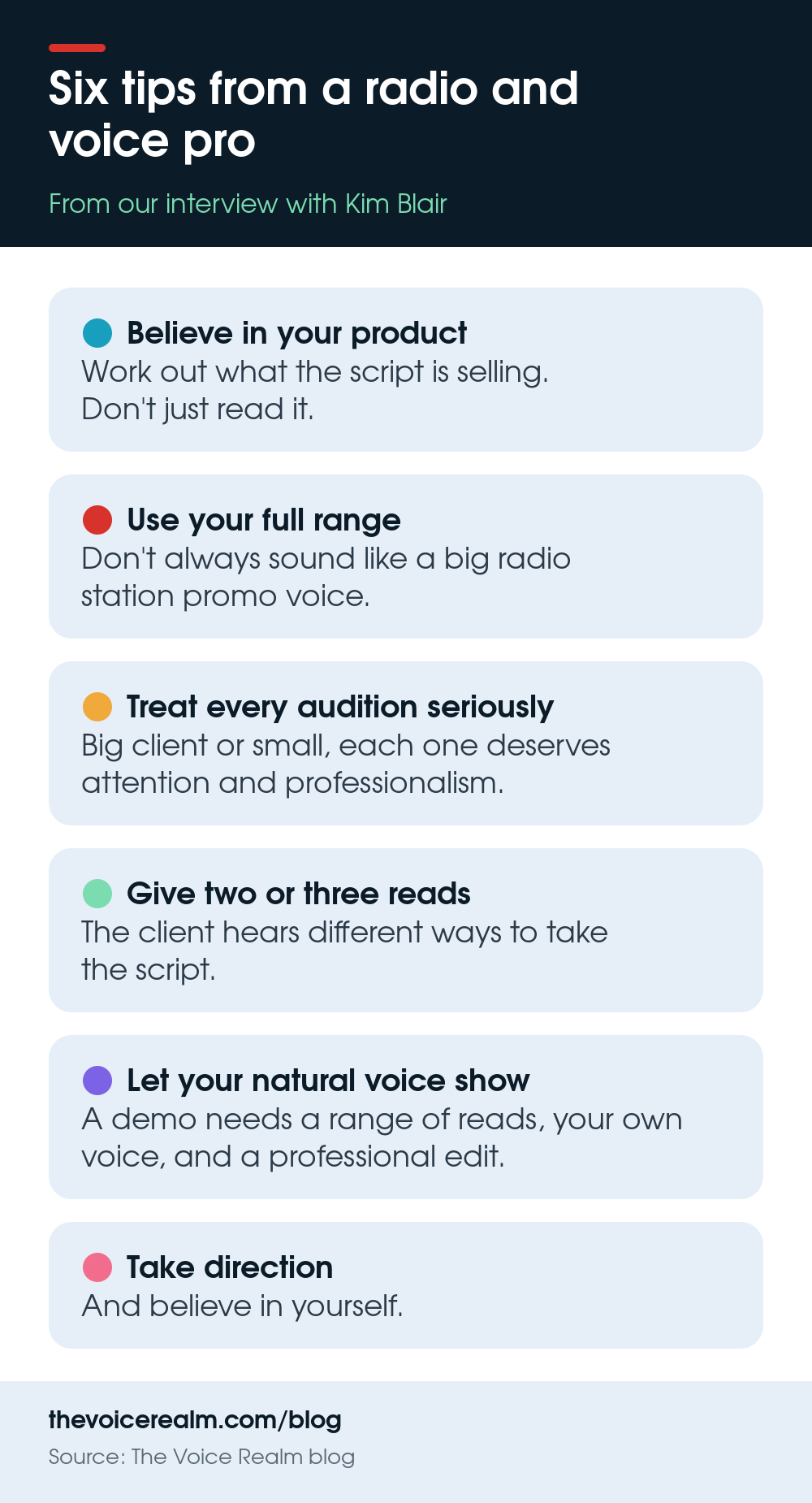 Infographic: six tips from a radio and voice over professional on auditions, demos and direction © The Voice Realm