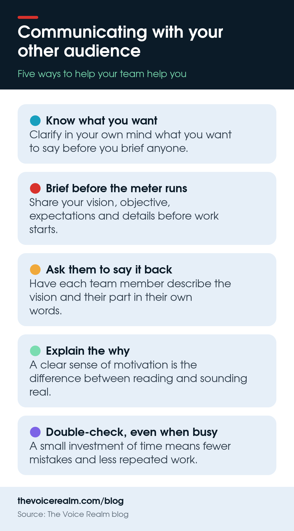 Infographic with five ways to help your production team help you, from knowing what you want to explaining the why © The Voice Realm