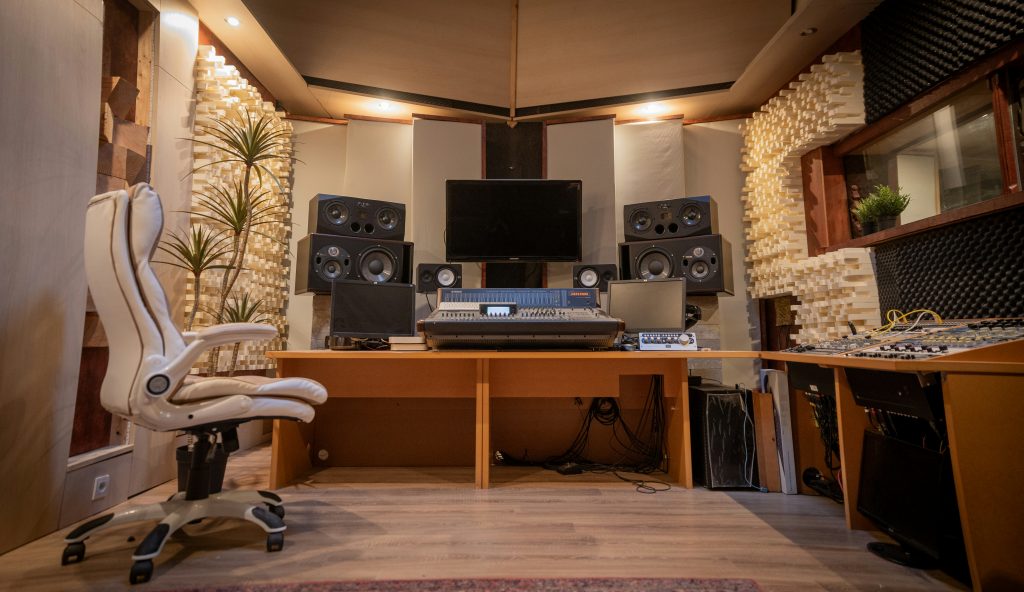 Professional recording studio used for voice-over production and audio editing