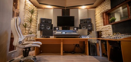Professional recording studio used for voice-over production and audio editing