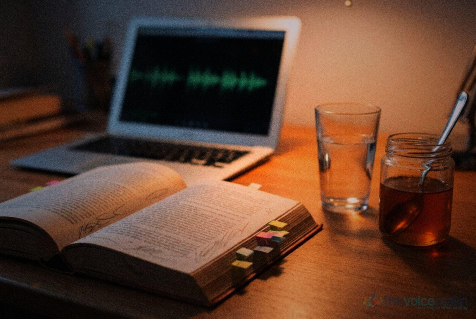 An open novel with pencil notes and coloured sticky tabs beside a glass of water, a jar of honey and a laptop showing an audio waveform © The Voice Realm