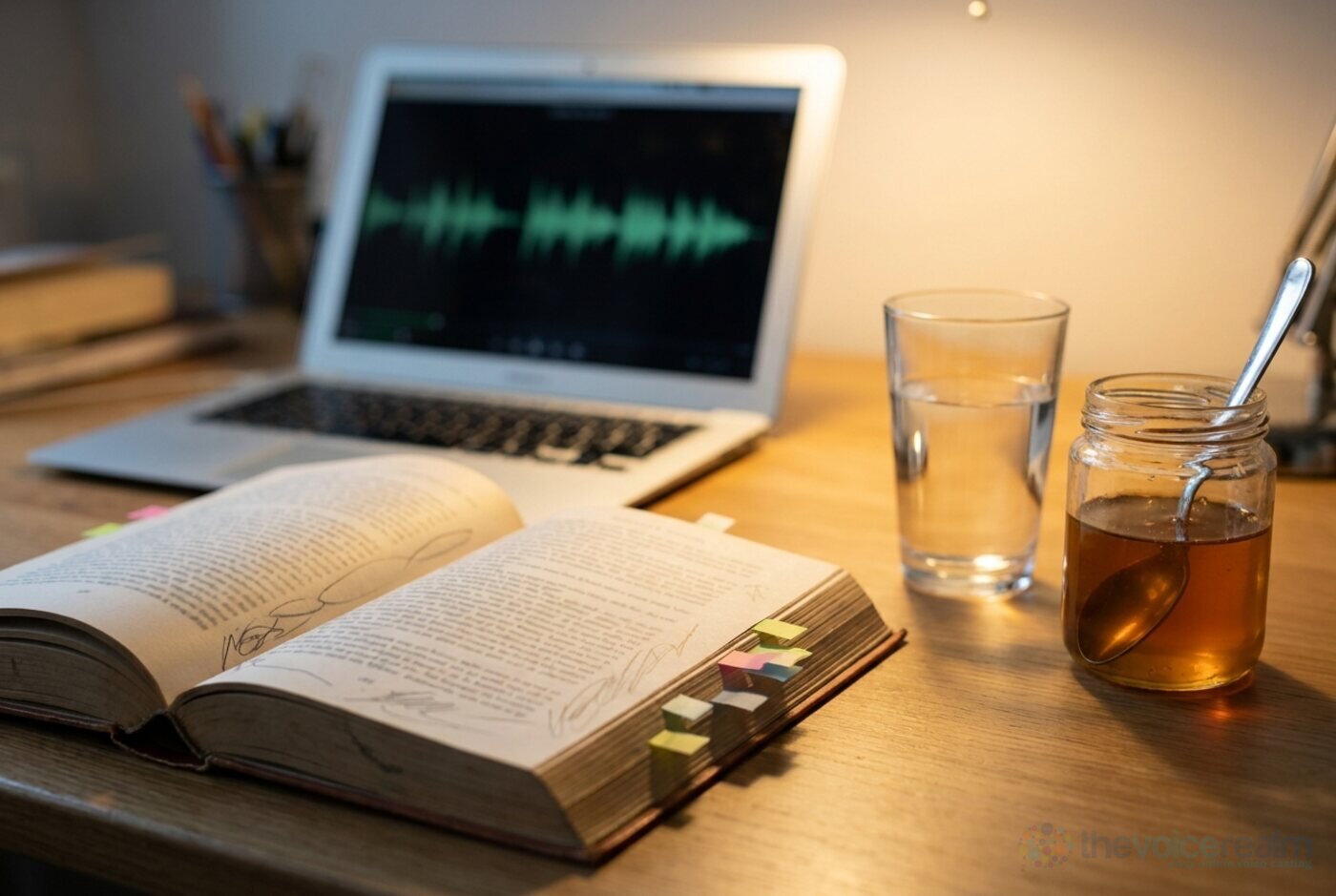An open novel with pencil notes and coloured sticky tabs beside a glass of water, a jar of honey and a laptop showing an audio waveform © The Voice Realm