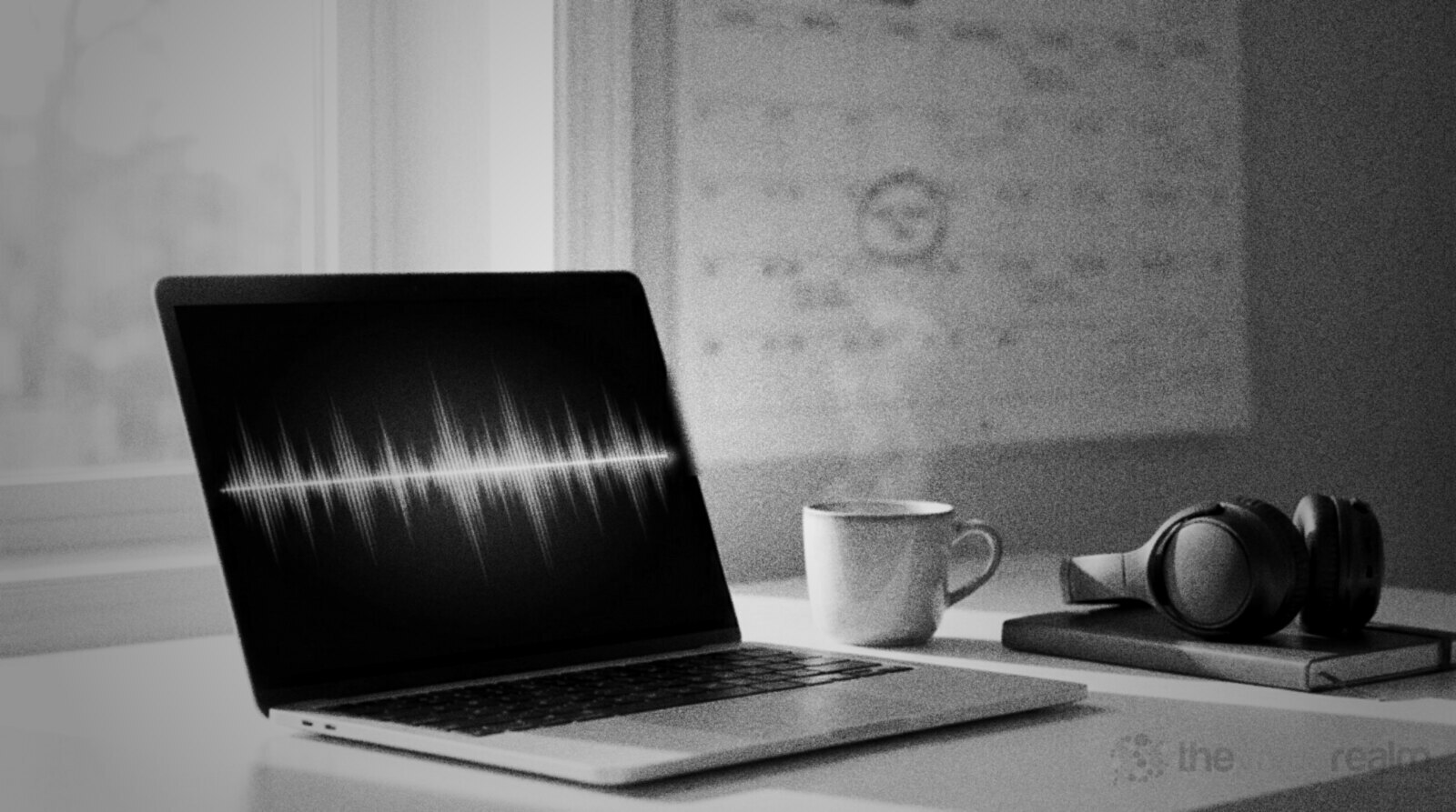 A laptop showing an audio waveform on a sunny desk, a mug of coffee, headphones on a notebook and a wall planner with one day circled © The Voice Realm