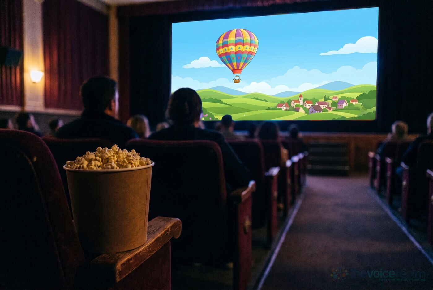 A cinema audience seen from behind, a bucket of popcorn on an armrest and a bright preview on the big screen © The Voice Realm