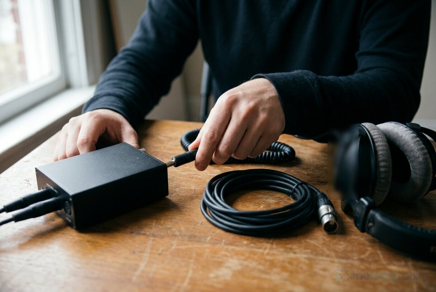 Hands plugging a headphone cable into a small audio interface on a wooden desk, a coiled XLR cable and studio headphones beside it © The Voice Realm