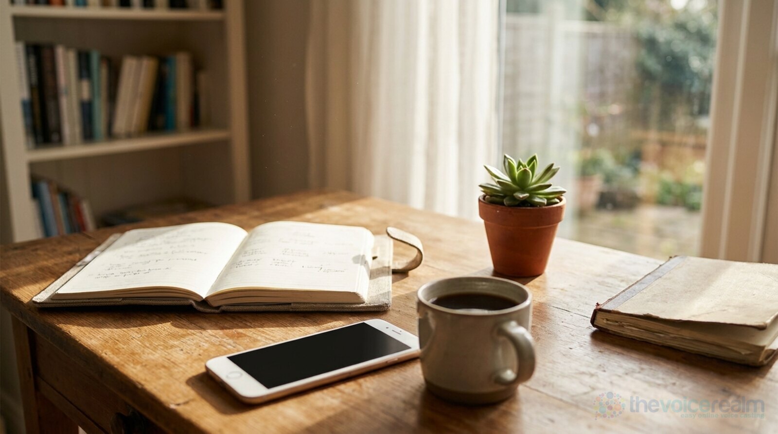 A quiet home desk in afternoon sun with an open planner, a phone lying face up, a mug of coffee and a small succulent © The Voice Realm