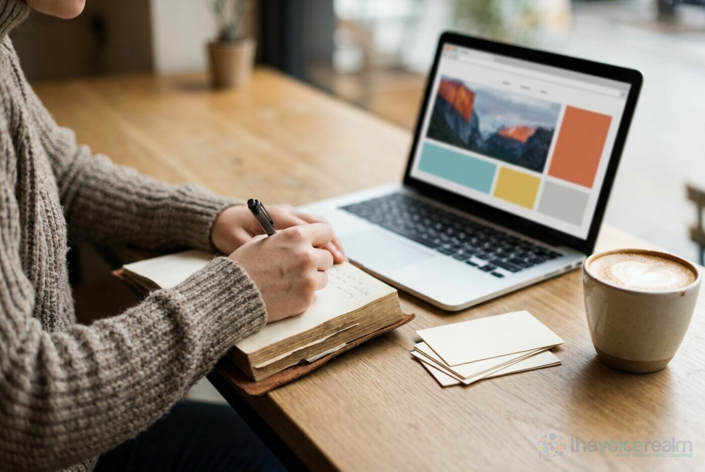 A person writing a list in a notebook at a cafe table beside a laptop showing a simple website layout, a stack of blank business cards and a coffee © The Voice Realm