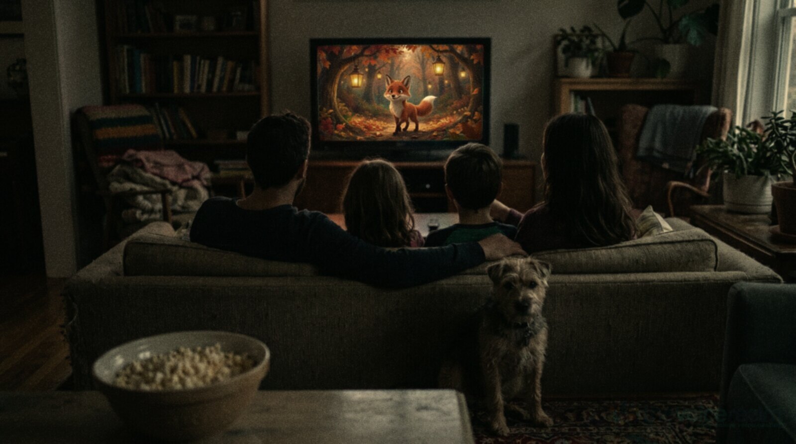A family watching a colorful animated film on the living room television, seen from behind, with a terrier sitting by the sofa © The Voice Realm