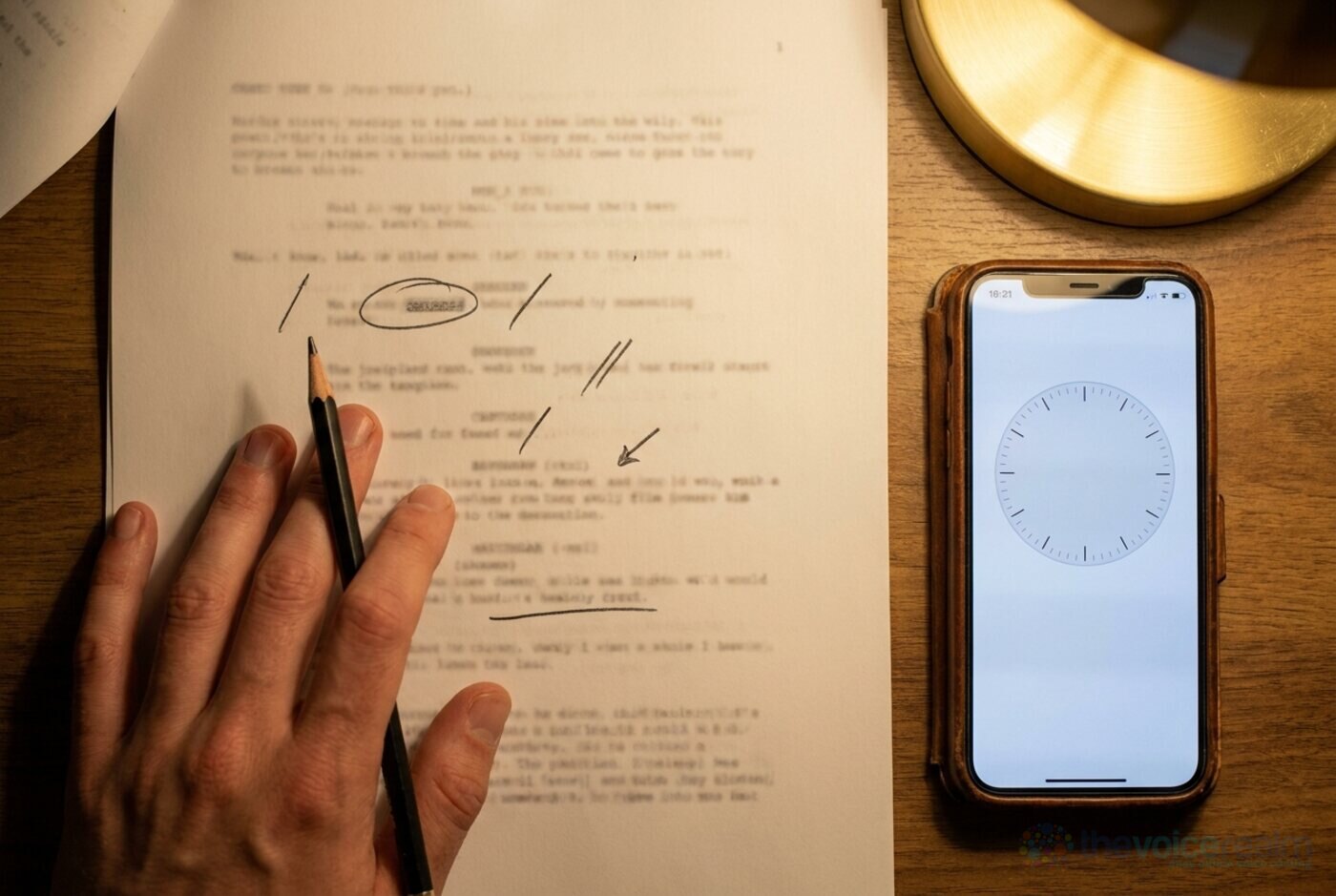 A printed script marked up in pencil with a circled word, slash marks and an arrow, a hand holding the pencil and a phone stopwatch beside it © The Voice Realm