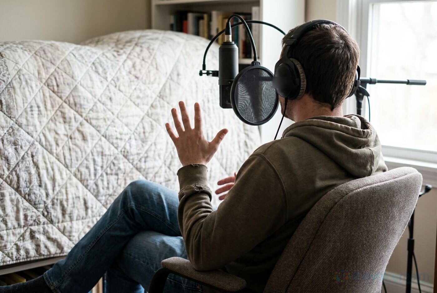 A voice actor seen from behind in headphones, relaxed in a chair at a microphone with a pop filter, one hand raised mid-gesture as if chatting © The Voice Realm