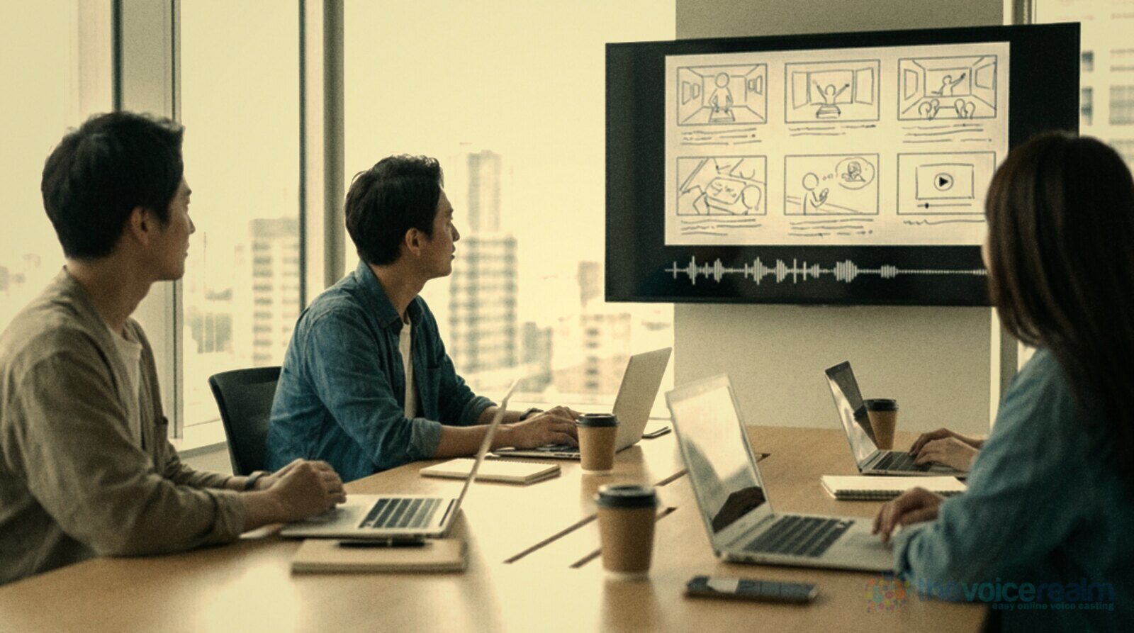 An advertising agency team around a meeting table, looking at a storyboard and an audio waveform on a wall screen © The Voice Realm
