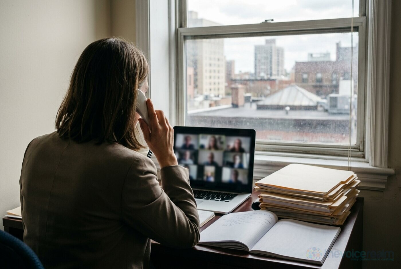 A woman seen from behind on a desk phone call at a laptop in a city office, a stack of folders beside her © The Voice Realm
