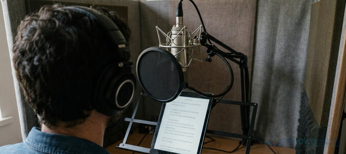 A voice actor in headphones seen from behind at a condenser microphone set a little above mouth height, a round pop filter in front of it and a tablet script on a stand below © The Voice Realm