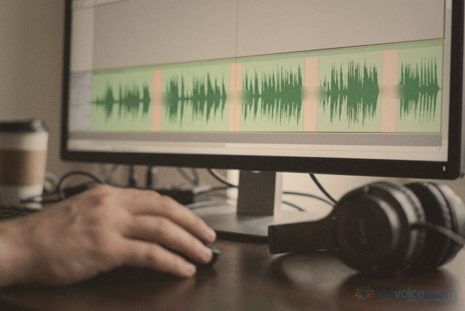 An audio editing timeline on a monitor with the breaths between phrases highlighted, a hand on the mouse and headphones on the desk © The Voice Realm