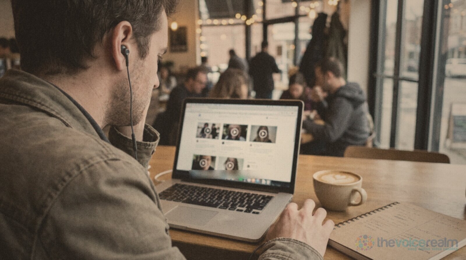 A man at a cafe table listens through earbuds while browsing voice profiles on a laptop, a coffee and a notebook beside him © The Voice Realm