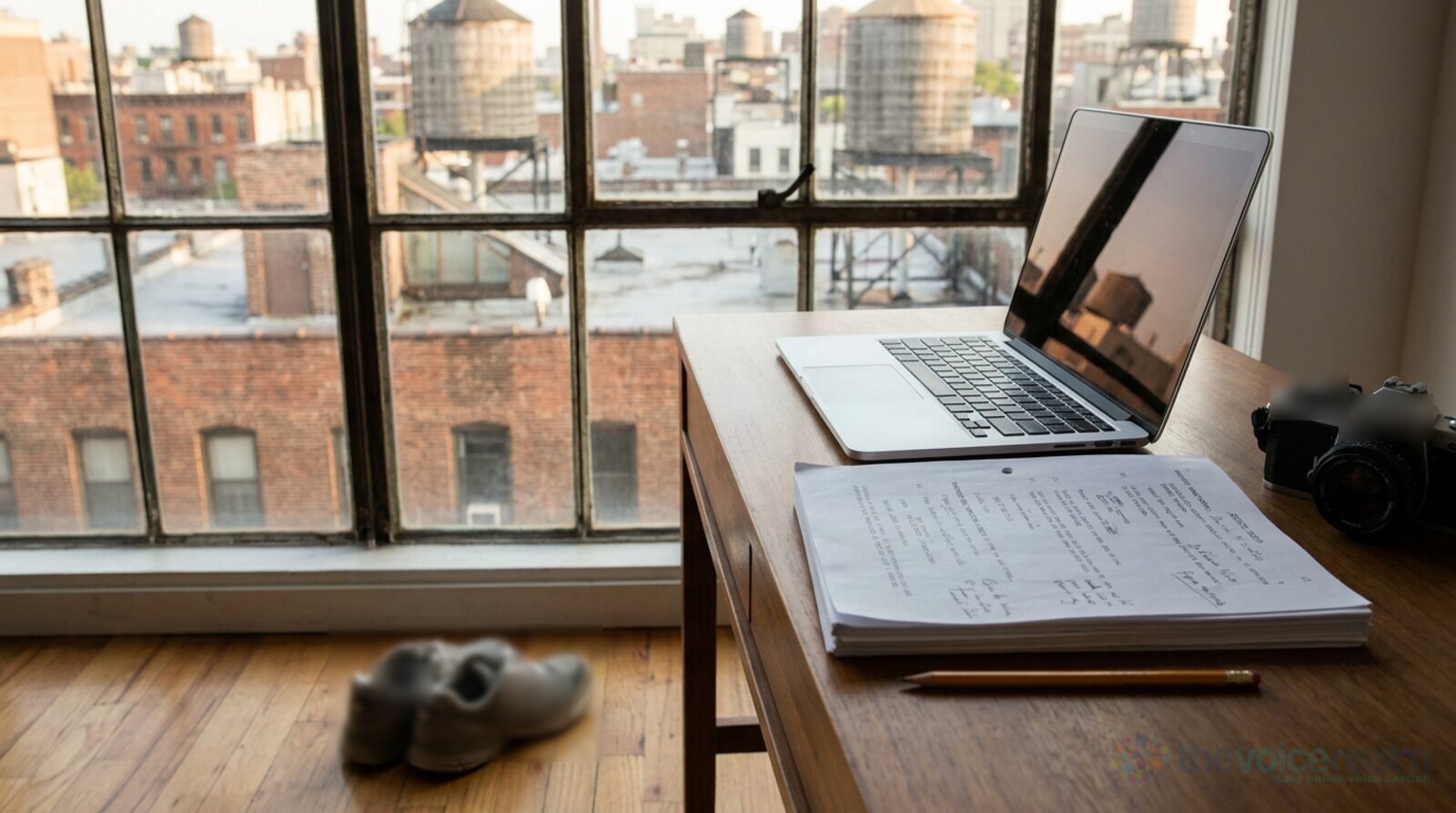 A desk by a big apartment window over city rooftops and water towers, with a laptop, a marked-up script, a camera and running shoes © The Voice Realm