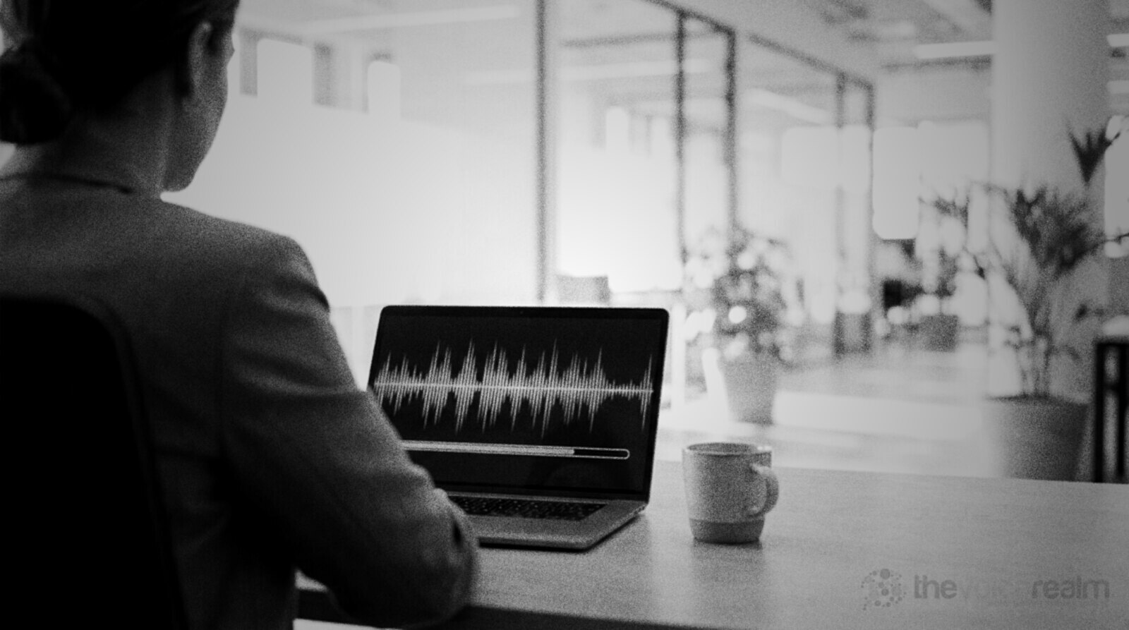 A client at a desk in a bright office, seen from behind, listening to a finished recording playing on a laptop, a coffee cup beside it © The Voice Realm