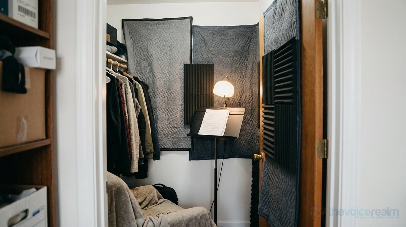 A small home closet lined with grey moving blankets and foam panels, a music stand holding a script and a warm lamp © The Voice Realm