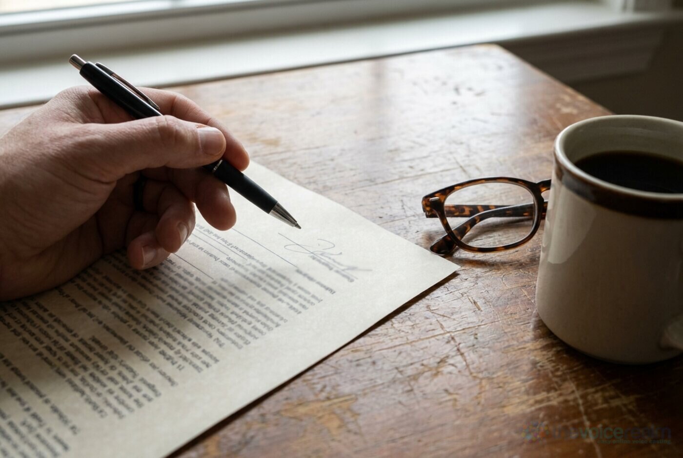 A hand holding a pen over a printed contract on a wooden desk, with reading glasses and a mug of coffee © The Voice Realm