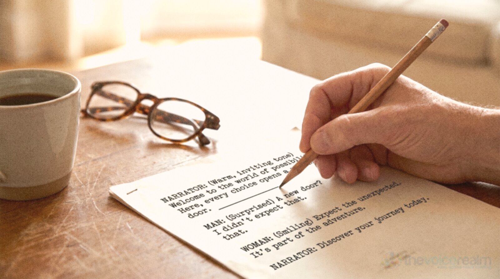 A hand with a pencil underlining lines on a printed script on a wooden table, beside reading glasses and a mug of coffee © The Voice Realm