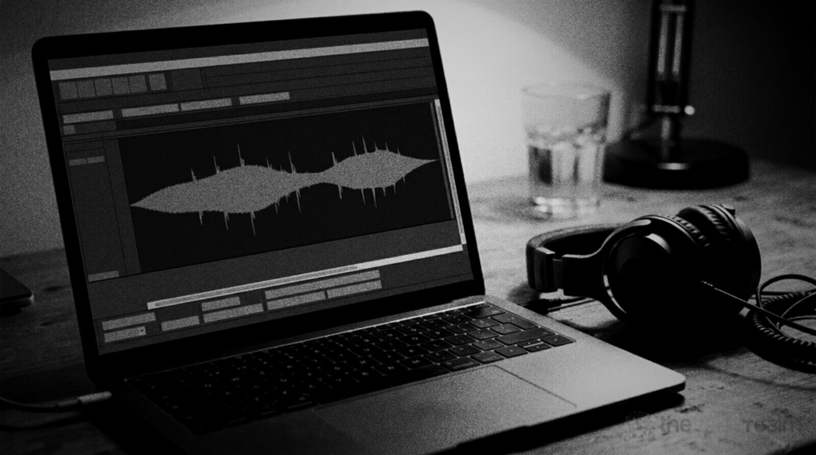 A laptop on a wooden desk showing a speech waveform in an audio editor with small sharp spikes between the words, headphones and a glass of water beside it under a desk lamp © The Voice Realm